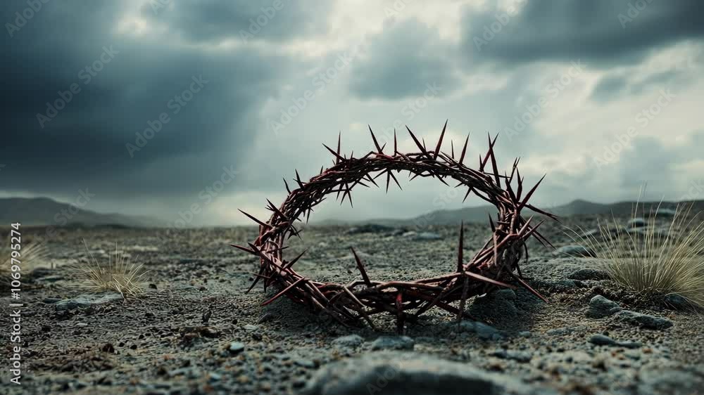 A thorny crown lies on the ground in a desolate landscape, under a cloudy sky A thorny crown lies on the ground in a desolate landscape, under a cloudy sky
