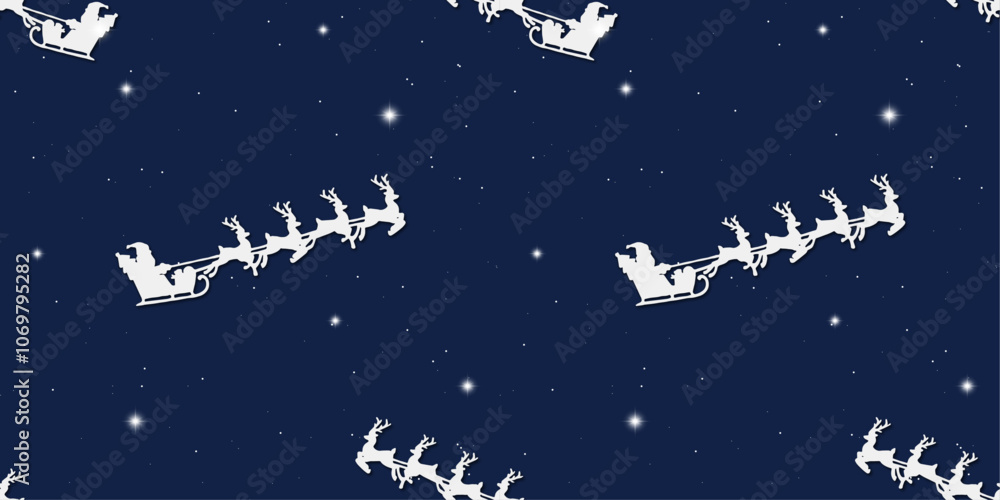 Naklejka premium Seamless Pattern Christmas Santa Reindeer Sleigh Silhouette in The Night Sky