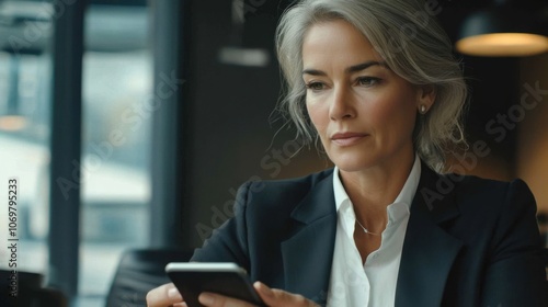 Middle-aged woman in business attire, using phone, focused on screen while working