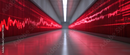 Digital Data Flow: A mesmerizing perspective of a data center corridor, with red illuminated screens displaying dynamic waveforms, showcasing the power and complexity of modern technology.