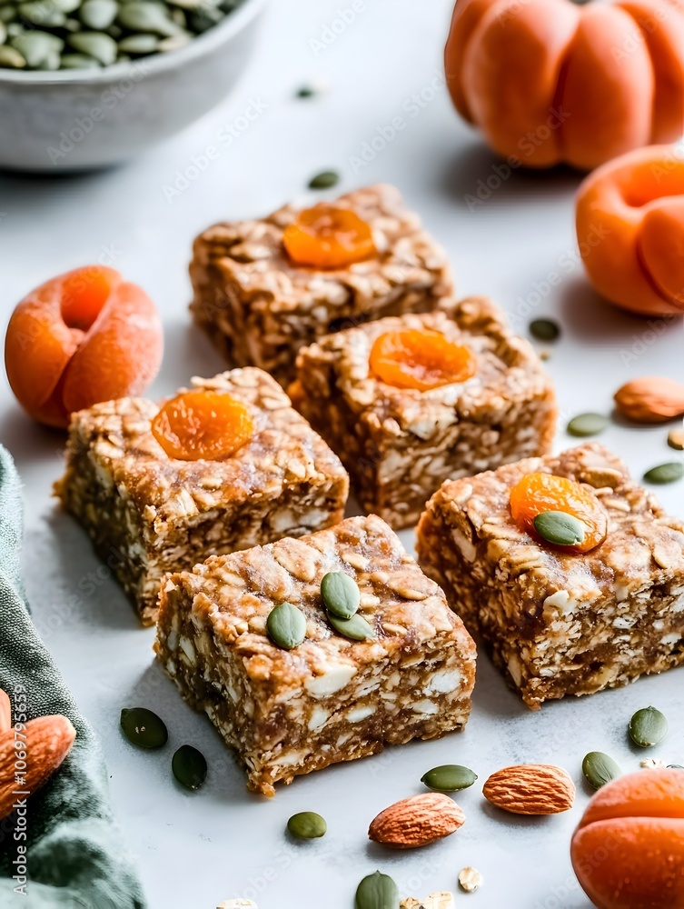 Homemade energy bars made with a blend of wholesome ingredients like oats almonds pumpkin seeds and chewy dried apricots captured in a clean Homemade energy bars made with a blend of wholesome ingredients like oats almonds pumpkin seeds and chewy dried apricots captured in a clean