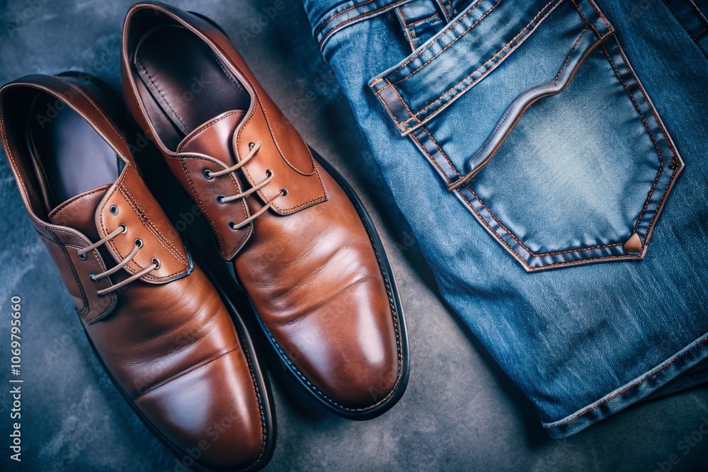 Stylish Dress Shoes Paired with Blue Jeans for a Casual Yet Sophisticated Look Featuring a Left-Aligned Composition and Ample Copy Space for Text or Branding Needs Stylish Dress Shoes Paired with Blue Jeans for a Casual Yet Sophisticated Look Featuring a Left-Aligned Composition and Ample Copy Space for Text or Branding Needs