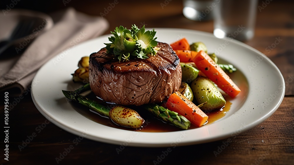 Close-up shot of a succulent fillet steak, perfectly cooked to a medium-rare, sizzling on a white plate. Roast vegetables, such as Brussels sprouts, carrots, and asparagus. Close-up shot of a succulent fillet steak, perfectly cooked to a medium-rare, sizzling on a white plate. Roast vegetables, such as Brussels sprouts, carrots, and asparagus.