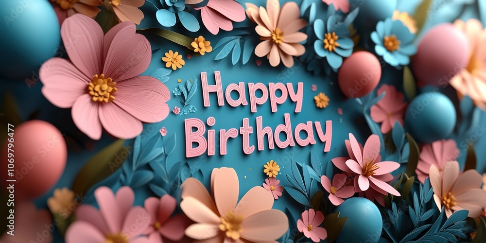 Obraz premium Vibrant 3D Paper-Cut Birthday Design with Colorful Flowers, Balloons, and 'Happy Birthday' Text for a Cute and Aesthetic Celebration