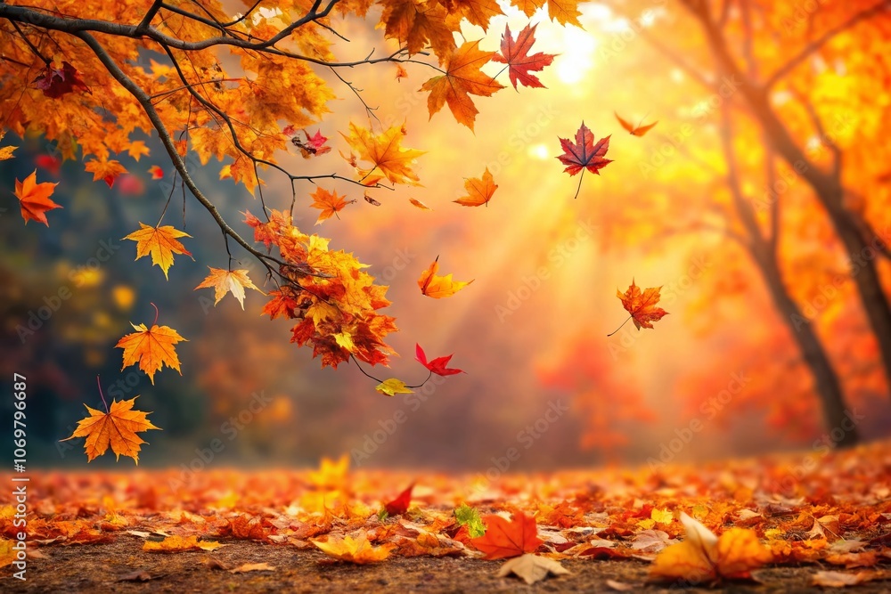 Fototapeta premium Surreal Autumn Background with Vibrant Orange Leaves and Branches, Capturing the Essence of Fall with Leaves Gently Falling to the Ground, Perfect for Customizable Copy Space