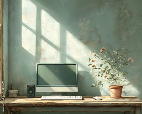 Desktop computer with  monitor is placed on a wooden table in a simple and isolated room. Natural light also comes in from the side, creating a soft and warm atmosphere. photo