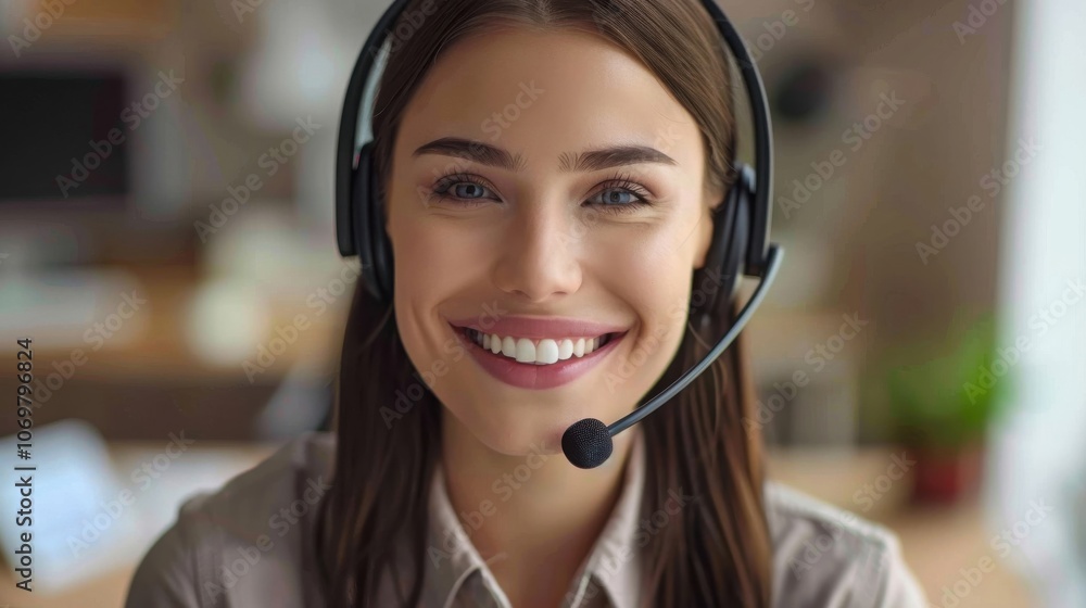 Smiling customer service representative wearing a headset in a bright office setting during daytime work hours Smiling customer service representative wearing a headset in a bright office setting during daytime work hours