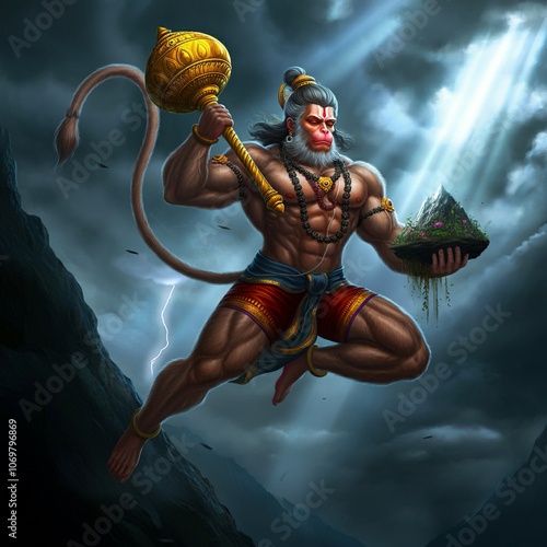 Powerful image of Hanuman carrying the Sanjeevani mountain, embodying devotion, loyalty, and divine strength from the epic Ramayana photo