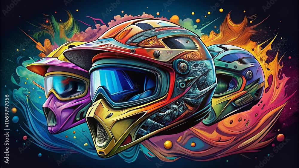 Naklejka premium Surreal Collection of Hand-Drawn Scribbles Featuring Motocross Helmets: Open Face, Full Face, and More - Unique Vector Illustrations for Creative Projects
