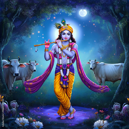 Serene image of Lord Krishna playing the flute under the moonlight, surrounded by cows, symbolizing peace, divine love, and his role as the cowherd photo