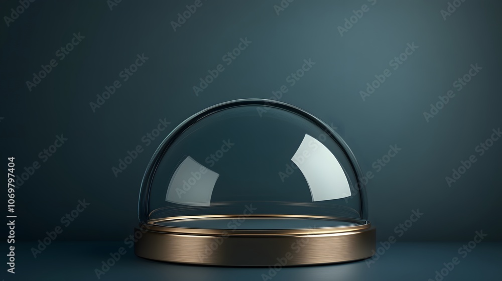 Mockup of a 3D Metallic Podium with Circular Glass Dome on Blue Background, Luxury Product Display in Minimalist and Modern Design for Elegant Showcase or Showroom Mockup of a 3D Metallic Podium with Circular Glass Dome on Blue Background, Luxury Product Display in Minimalist and Modern Design for Elegant Showcase or Showroom