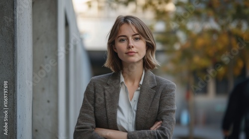 Professional female in casual attire, looking determined, standing outdoors in a modern setting