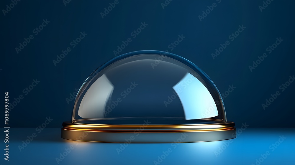 Mockup of a 3D Metallic Podium with Circular Glass Dome on Blue Background, Luxury Product Display in Minimalist and Modern Design for Elegant Showcase or Showroom Mockup of a 3D Metallic Podium with Circular Glass Dome on Blue Background, Luxury Product Display in Minimalist and Modern Design for Elegant Showcase or Showroom