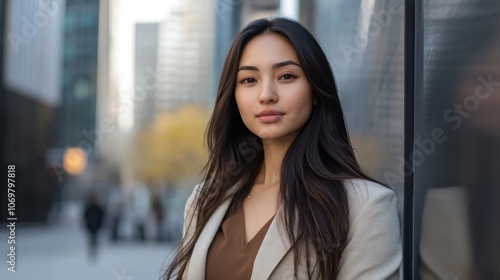 Free Download Professional female in casual attire, standing confidently outdoors, modern city backdrop - GFXLoad