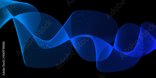 Modern multicolor wave of light is displayed on black background, Abstract wavy lines and neon glow on a black background, soundwave on a dark reflective surface.