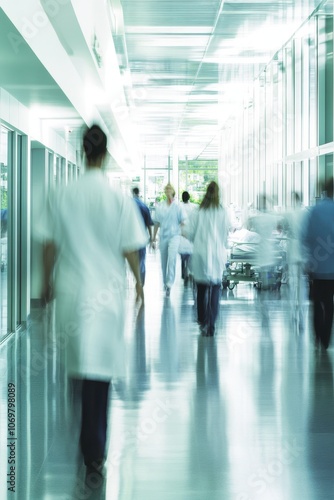 Busy hospital corridor with blurred medical staff and patients in motion showing dynamic healthcare environment and daily clinical activities in modern facility
