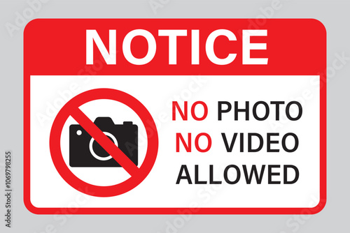 No photos or video allowed sign notice. Horizontal banner for print, poster template. photo