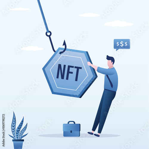 NFT token on hook. Crypto fraud or bait. Investor or trader reach out for digital money. The lure of easy non fungible token. Money trap concept. High risk. poor risk management.