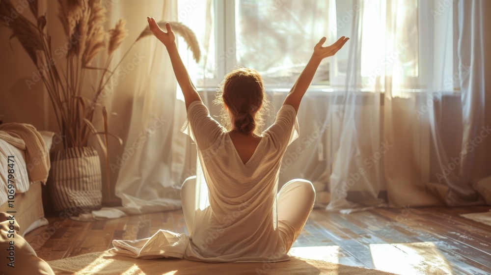 Fototapeta premium Morning relaxation practice with sunlight pouring through the window in a serene indoor space