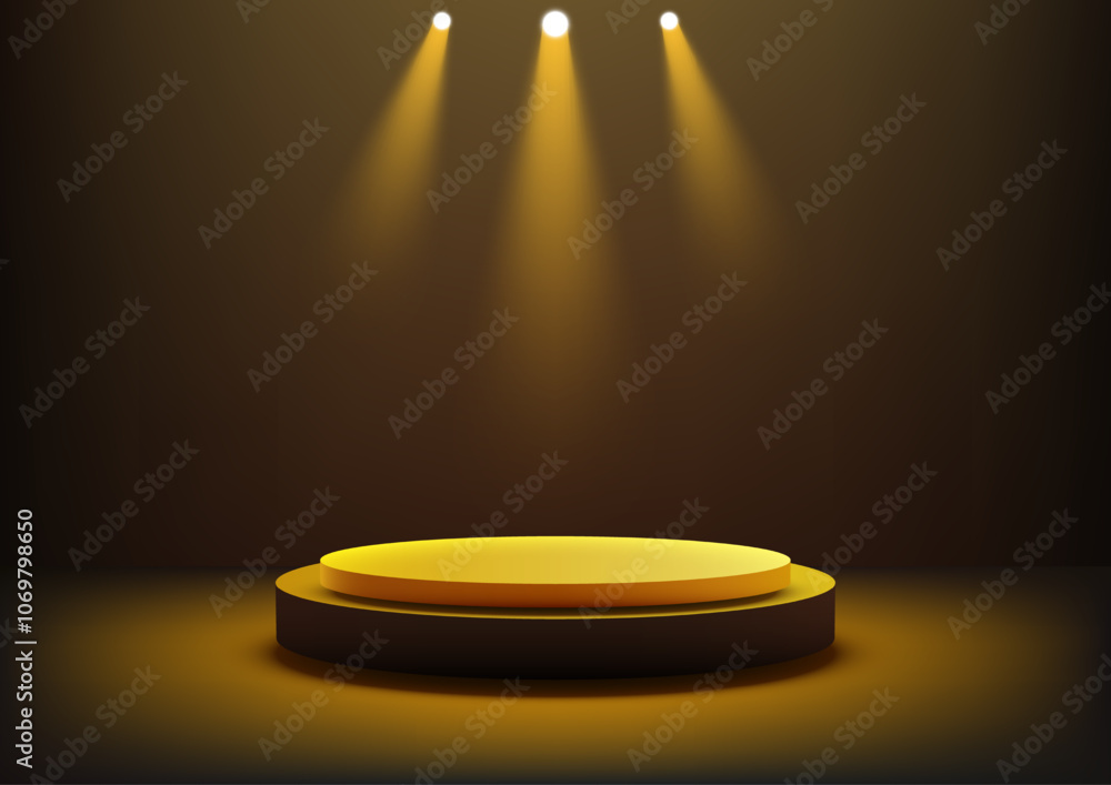 3D Circular Yellow Podium with Spotlights in Dark Room, Award Ceremony Display, Elegant Product Showcase and Mockup for Modern Showrooms 3D Circular Yellow Podium with Spotlights in Dark Room, Award Ceremony Display, Elegant Product Showcase and Mockup for Modern Showrooms