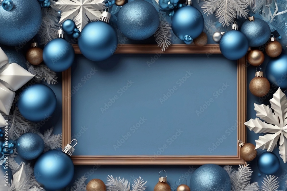 winter blue pastal frame with Realistic 3d Christmas Decoration winter blue pastal frame with Realistic 3d Christmas Decoration