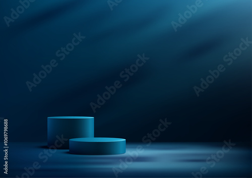 Dark Blue 3D Podium and Cylinders on Minimal Dark Background, Elegant Product Display, Showcase, and Mockup for Modern Showrooms