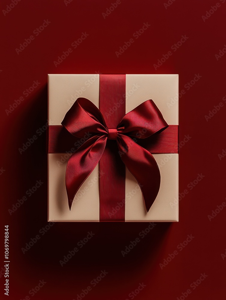 A beautifully wrapped gift box with a red ribbon sits elegantly on a deep red background A beautifully wrapped gift box with a red ribbon sits elegantly on a deep red background
