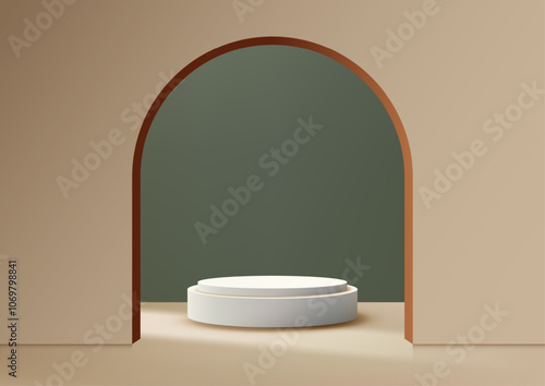 Minimalist 3D Podium with Green Background and Arched Doorway, Elegant Product Display, Mockup, and Showcase