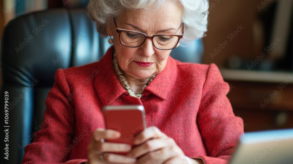 Senior businesswoman typing on smartphone, seated at her desk, working on a business app Senior businesswoman typing on smartphone, seated at her desk, working on a business app