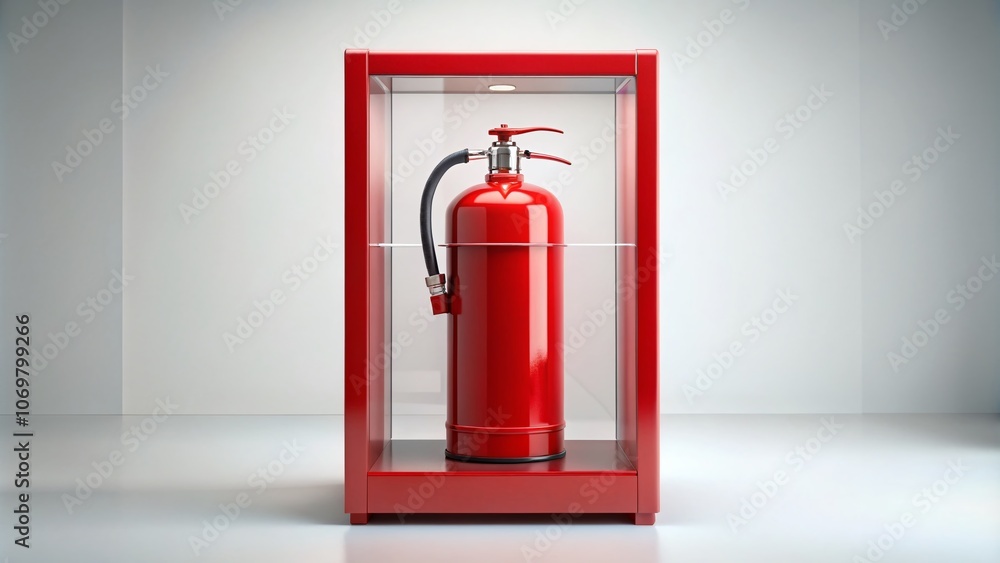 Obraz premium Surreal Representation of a Red Fire Extinguisher in a Red Glass Cabinet for Fire Emergency Preparedness Isolated on a Clean White Background, Emphasizing Safety Equipment and Alertness