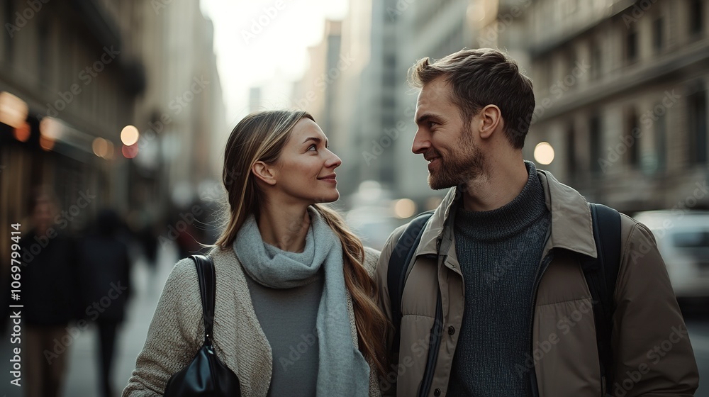 Couple smiling at each other on city street Couple smiling at each other on city street