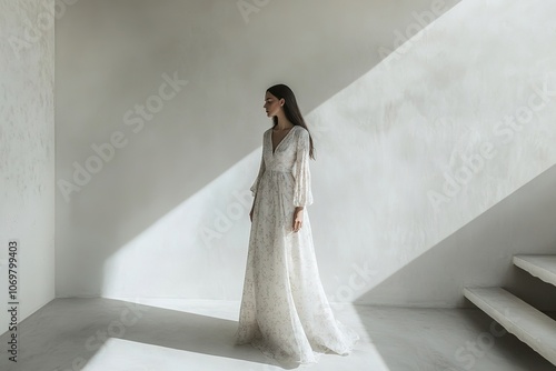 Elegant woman in modest dress with natural light photo