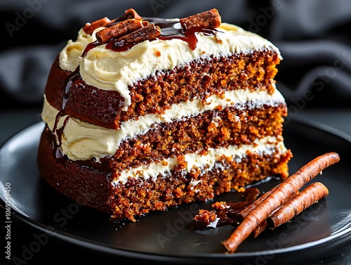 Homemade vegan carrot cake with a moist spiced crumb and a tangy dairy free cream cheese frosting rendered in a warm earthy color palette with a slight vintage inspired texture photo