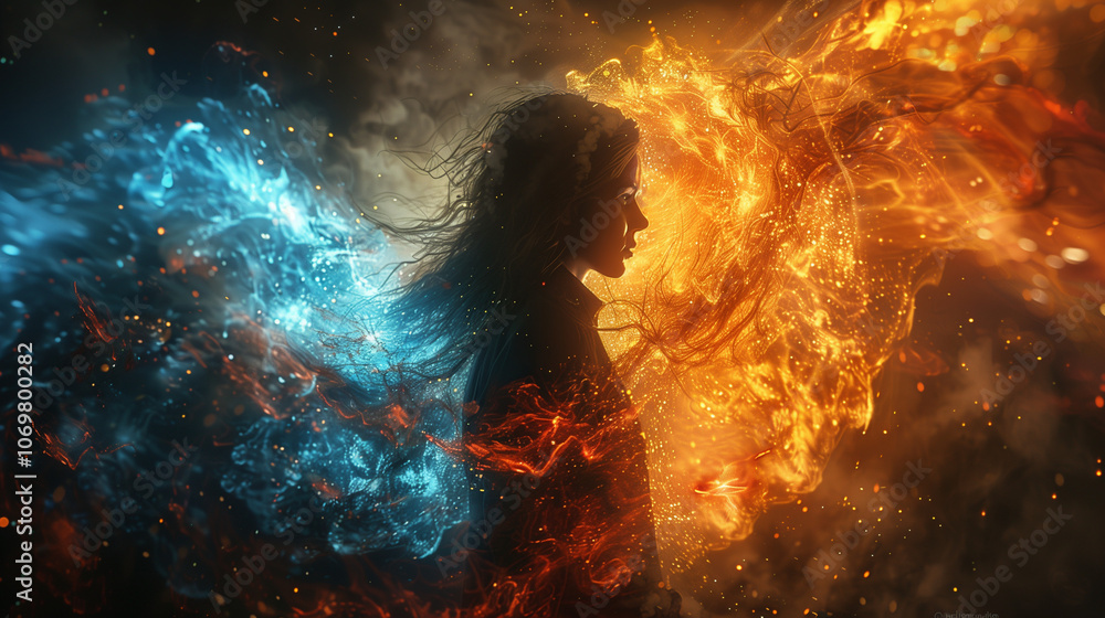 Artistic silhouette of a woman surrounded by swirling flames and icy currents, symbolizing contrast and balance Artistic silhouette of a woman surrounded by swirling flames and icy currents, symbolizing contrast and balance