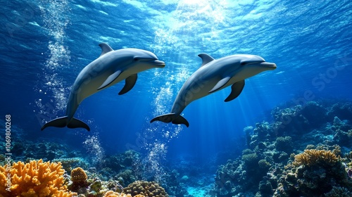 Two Dolphins Swimming in Vibrant Coral Reef Ocean