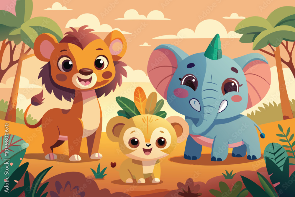 Naklejka premium cute jungle animals in nature scene with greenery