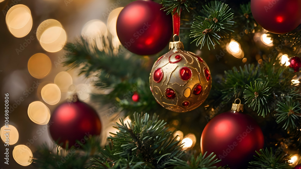 Close-up of a Christmas tree branch adorned with classic red and gold ornaments, twinkling fairy lights, and a touch of glitter, with a soft bokeh effect in the background to emphasize the holiday Close-up of a Christmas tree branch adorned with classic red and gold ornaments, twinkling fairy lights, and a touch of glitter, with a soft bokeh effect in the background to emphasize the holiday