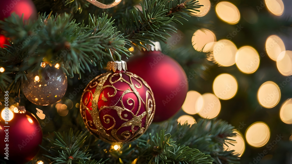 Close-up of a Christmas tree branch adorned with classic red and gold ornaments, twinkling fairy lights, and a touch of glitter, with a soft bokeh effect in the background to emphasize the holiday Close-up of a Christmas tree branch adorned with classic red and gold ornaments, twinkling fairy lights, and a touch of glitter, with a soft bokeh effect in the background to emphasize the holiday