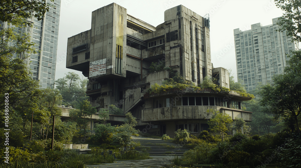 Abandoned brutalist building overtaken by greenery amidst modern high-rise structures, conveying urban decay Abandoned brutalist building overtaken by greenery amidst modern high-rise structures, conveying urban decay