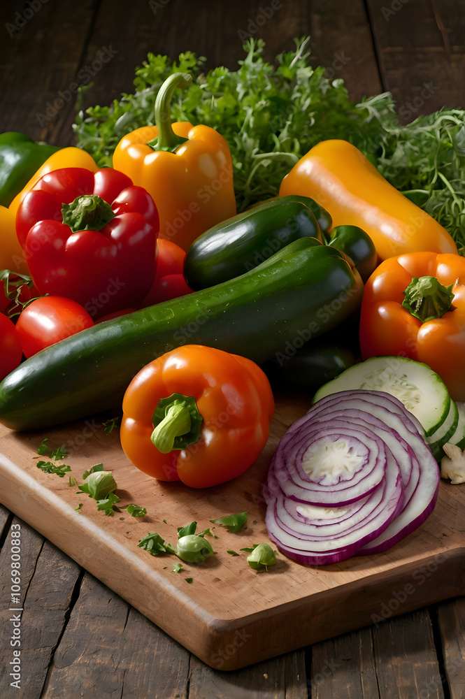 Close-up of an assortment of fresh vegetables, including bell peppers, carrots, zucchini, and cherry tomatoes, artfully arranged on a wooden cutting board Close-up of an assortment of fresh vegetables, including bell peppers, carrots, zucchini, and cherry tomatoes, artfully arranged on a wooden cutting board