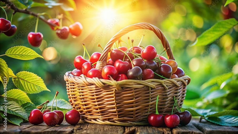 Tilt-Shift Photography of a Vibrant Basket of Cherries Surrounded by Lush Greenery, Capturing the Essence of Summer Harvest and the Beauty of Fresh Fruits in a Playful Perspective Tilt-Shift Photography of a Vibrant Basket of Cherries Surrounded by Lush Greenery, Capturing the Essence of Summer Harvest and the Beauty of Fresh Fruits in a Playful Perspective