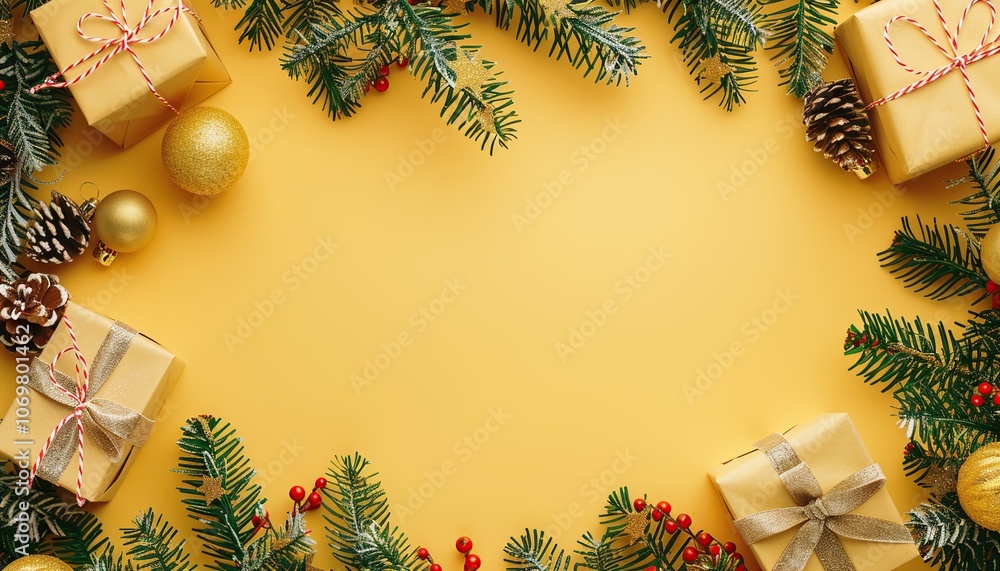 Fototapeta premium Frame With Copy Space Christmas New Year Gift Card Greeting Yellow Box Boxes Background