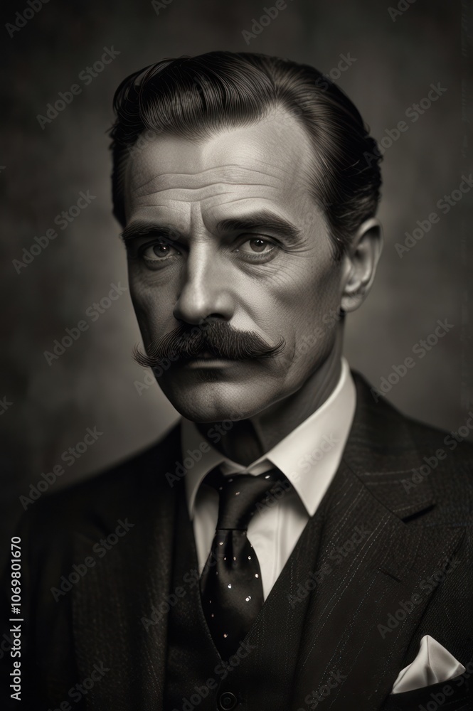 Obraz premium portrait of a man with a thick mustache with neatly combed hair wearing a neat suit with a black and white old style photo