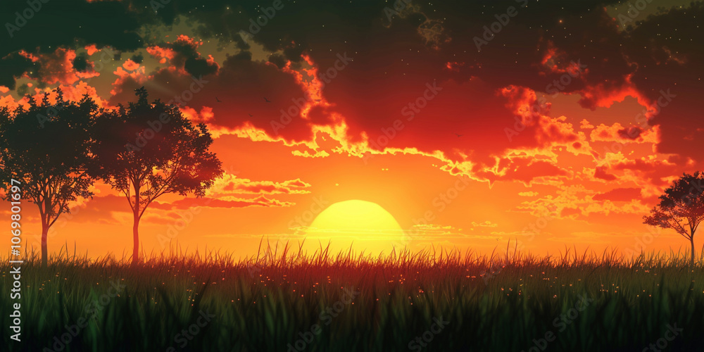 A Beautiful Sunset Over a Vast Field with Warm Colors Creating a Peaceful Landscape A Beautiful Sunset Over a Vast Field with Warm Colors Creating a Peaceful Landscape