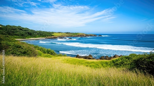 Serene Coastal Landscape with Waves and Greenery