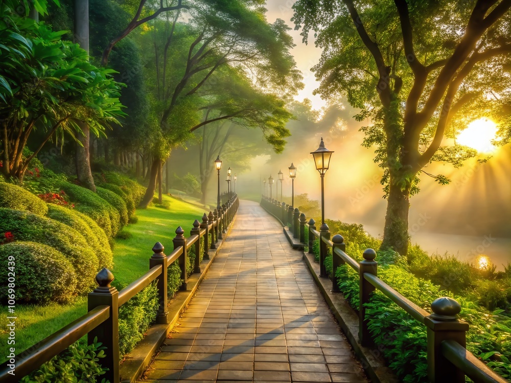 Fototapeta premium Tranquil Empty Walkway at Dawn: Serene Early Morning Landscape Capturing Nature's Beauty with Soft Light and Calm Atmosphere in a Peaceful Outdoor Setting