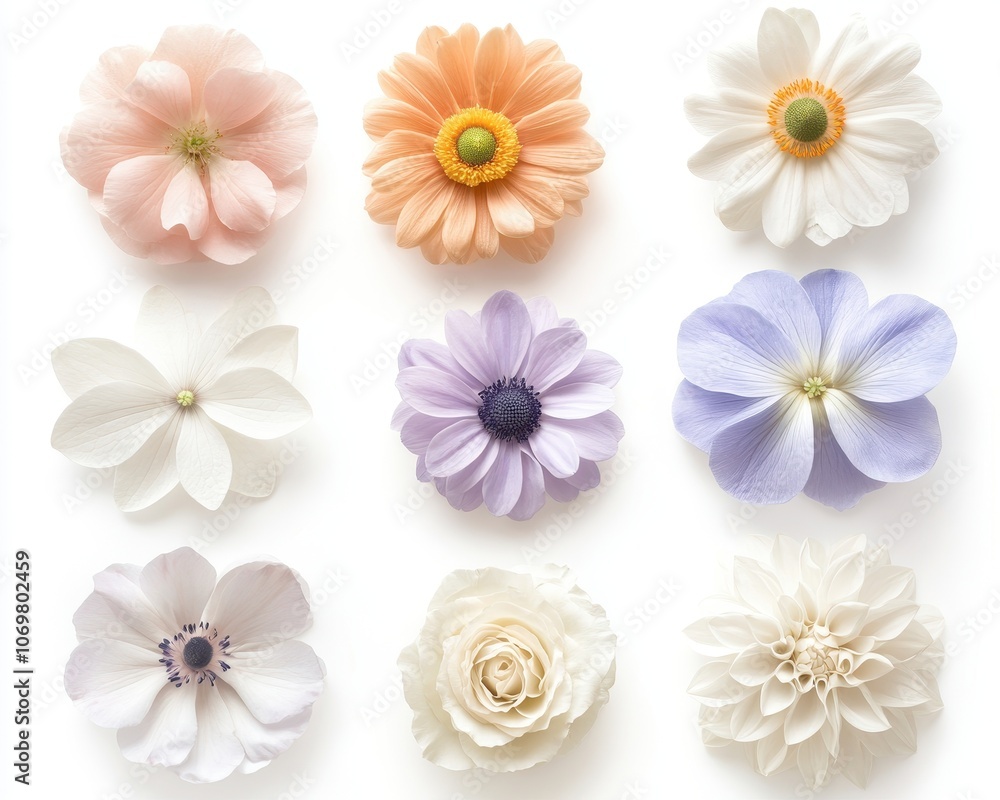 Naklejka premium Pastel Floral Arrangement: A delicate and romantic collection of pastel-hued flowers, arranged in a symmetrical grid. Each blossom is a unique work of art.