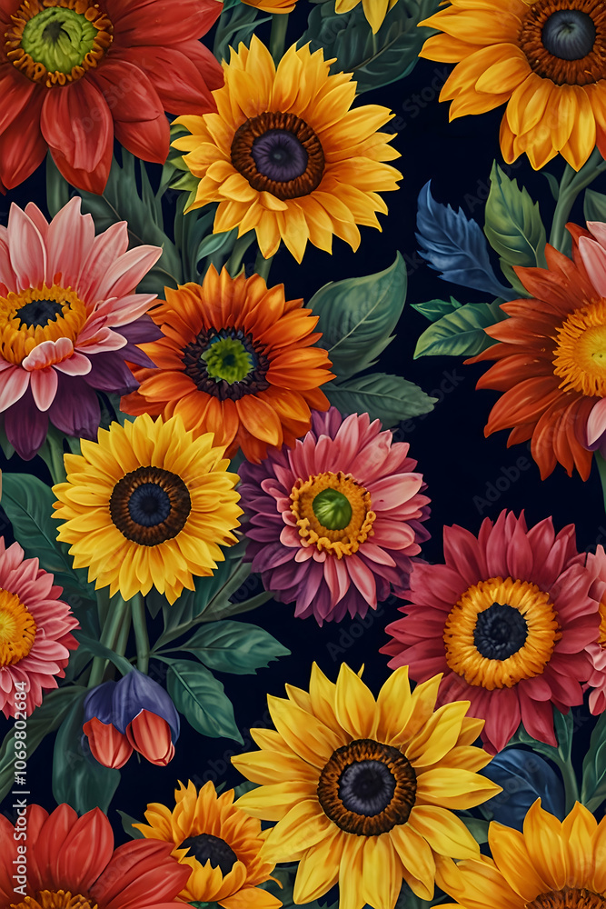 A burst of multicolored daisies, sunflowers, and tulips in bright yellows, purples, and pinks against a contrasting dark navy background for a bold statement A burst of multicolored daisies, sunflowers, and tulips in bright yellows, purples, and pinks against a contrasting dark navy background for a bold statement