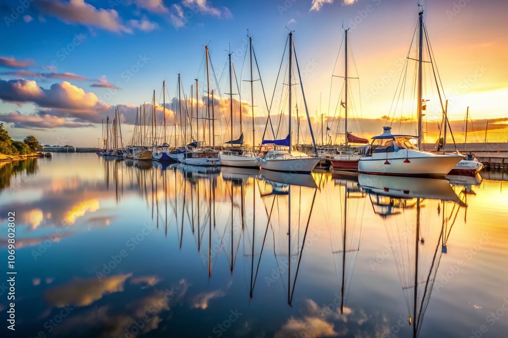 Obraz premium Tranquil Reflections of Yacht Masts in a Picturesque Marina at Dawn with Calm Waters and a Serene Atmosphere Captured in High Depth of Field