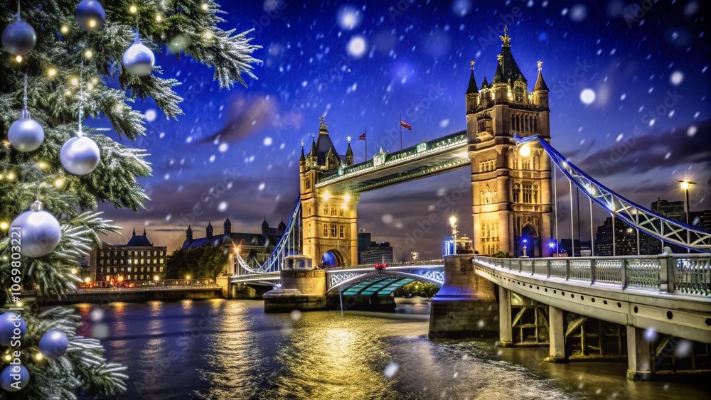 Obraz premium Tranquil Winter Wonderland: Snow-Covered Streets and Iconic Landmarks of London, England Captured in Magical White Serenity, Inviting a Sense of Peace and Nostalgia